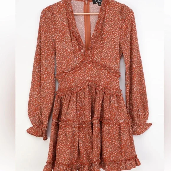 Lulu’s Rust/Orange Ruffle Dress Size XL - Picture 3 of 7